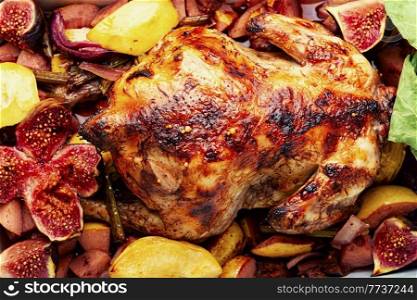 Tasty whole partridge in a baking dish. Baked chicken, close up. Roasted chicken with figs,food background