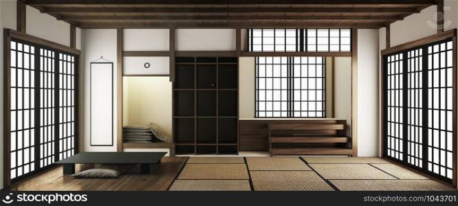 tatami mats and paper sliding doors called Shoji in Japanese room style. 3D rendering