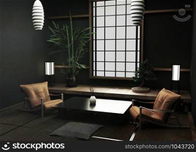 Tatami mats and window view forest trees on room japanese zen style.3D rendering