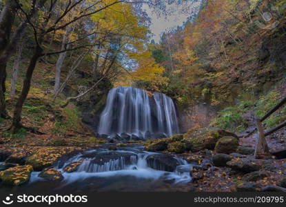 Tatsuzawafudo waterfall in autumn Fall season at Fukushima