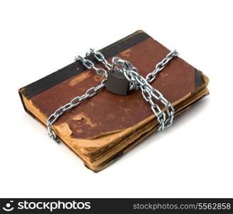 tattered book with chain and padlock isolated on white background