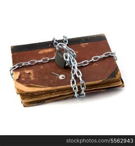 tattered book with chain and padlock isolated on white background