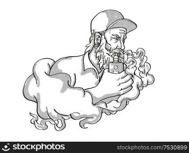 Tattoo cartoon style drawing illustration of a Bearded Hipster Vaping puffing smoke smoking electronic cigarette or vaper on isolated background done in black and white.. Bearded Hipster Vaping Tattoo Drawing