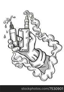Tattoo cartoon style drawing illustration of a hand holding vape electronic cigarette kit on isolated background done in black and white.. Hand Holding Vape Electronic Cigarette Kit Tattoo