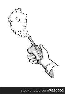 Tattoo cartoon style drawing illustration of a hand holding vape electronic cigarette or vaper smoking with puff of smoke on isolated background done in black and white.. Hand Holding Vape Electronic Cigarette Tattoo
