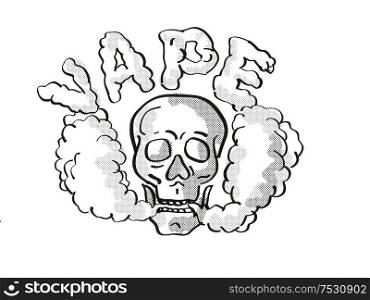Tattoo cartoon style drawing illustration of a human vaper skull vaping puffing smoke the text Vape on isolated background done in black and white.. Human Vaper Skull Vaping Puffing Smoke Tattoo Drawing