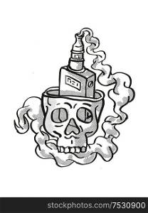 Tattoo cartoon style drawing illustration of a human vaper skull with top of head open and vaper inside smoking on isolated background done in black and white.. Human Vaper Skull Smoking Tattoo Drawing
