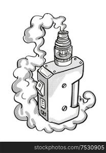 Tattoo cartoon style drawing illustration of a vape electronic cigarette or vaper smoking with puff of smoke on isolated background done in black and white.. Vape Electronic Cigarette Smoking Tattoo
