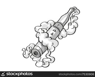 Tattoo cartoon style drawing illustration of a vape electronic cigarette or vaper smoking with puff of smoke on isolated background done in black and white.. Vape Electronic Cigarette Smoking Tattoo