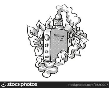 Tattoo cartoon style drawing illustration of a vape electronic cigarette or vaper smoking with leaves and flower on isolated background done in black and white.. Vape Electronic Cigarette Smoking Tattoo