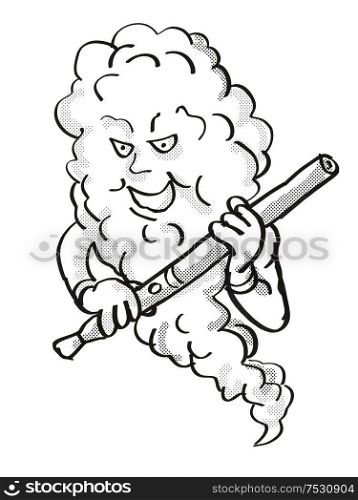 Tattoo cartoon style drawing illustration of a Vape Mascot Holding Electronic Cigarette on isolated background done in black and white.. Vape Mascot Holding Electronic Cigarette Tattoo