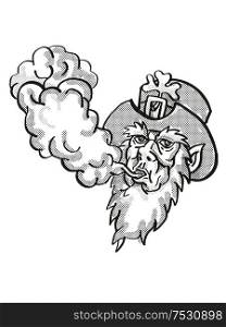 Tattoo cartoon style drawing illustration of an Irish Leprechaun Vaping puffing smoke on isolated background done in black and white.. Irish Leprechaun Vaping Puffing Smoke Tattoo Drawing