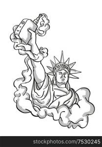 Tattoo cartoon style drawing illustration of Statue of Liberty Holding Vape Electronic Cigarette or vaper smoking with puff of smoke on isolated background done in black and white.. Statue of Liberty Holding Vape Electronic Cigarette Tattoo