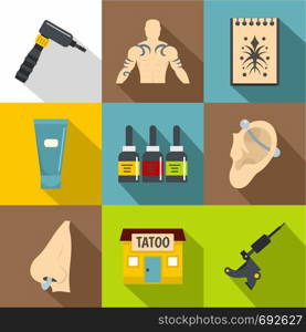 Tattoo salon icons set. Flat set of 9 tattoo salon vector icons for web with long shadow. Tattoo salon icons set, flat style