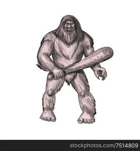 Tattoo style illustration of a Bigfoot or Sasquatch, a simian-like creature of American folklore that inhabit forests, usually described as a large, hairy, bipedal humanoid standing holding club viewed from front set on isolated white background. . Bigfoot Holding Club Standing Tattoo