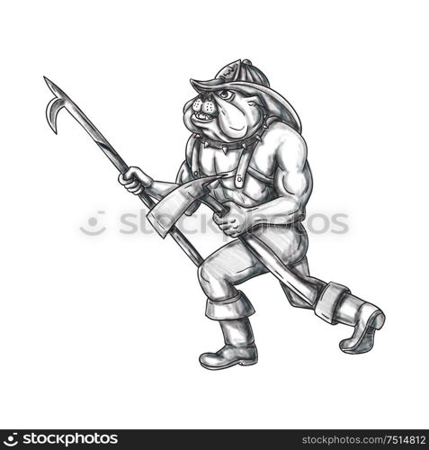 Tattoo style illustration of a bulldog firefighter holding pike pole and fire axe walking viewed from the side set on isolated white background. . Bulldog Firefighter Pike Pole Fire Axe Tattoo