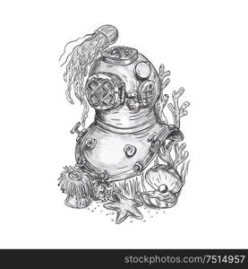 Tattoo style illustration of a copper and brass old school deep sea dive diving helmet or Standard diving helmet (Copper hat), worn mainly by professional divers engaged in surface supplied diving set on isolated white background. . Old School Diving Helmet Tattoo