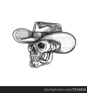 Tattoo style illustration of a cowboy skull wearing hat looking to the side set on isolated white background. . Cowboy Skull Tattoo