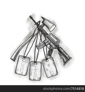 Tattoo style illustration of a crossed fire ax and an M4 magazine-fed carbine rifle used by the United States Army and US Marine Corps combat units with dog tags hanging set on isolated white background. . Crossed Fire Ax and M4 Rifle Dog Tags Tattoo