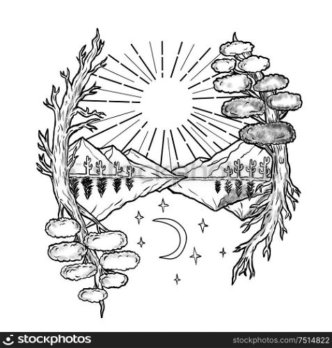 Tattoo style illustration of a day and night symbolism with sun, trees and mountains on upper half and moon and stars below.. Day and Night Trees Mountains Tattoo