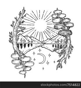 Tattoo style illustration of a day and night symbolism with sun, trees and mountains on upper half and moon and stars below.. Day and Night Trees Mountains Tattoo