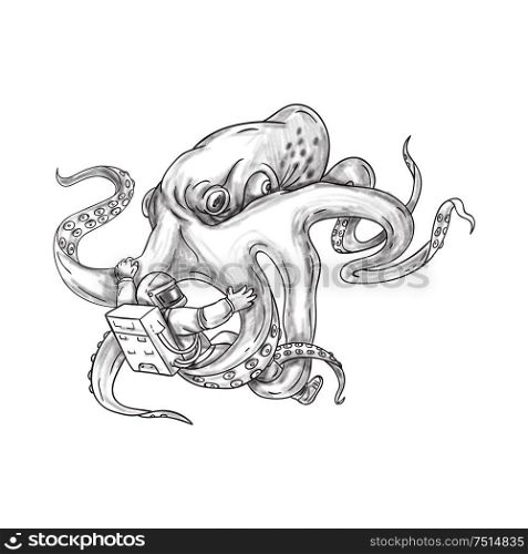 Tattoo style illustration of a giant octopus fighting an astronaut holding astronaut with it&rsquo;s tentacles set on isolated white background. . Giant Octopus Fighting Astronaut Tattoo