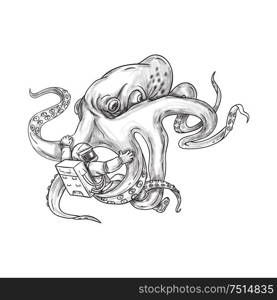 Tattoo style illustration of a giant octopus fighting an astronaut holding astronaut with it&rsquo;s tentacles set on isolated white background. . Giant Octopus Fighting Astronaut Tattoo