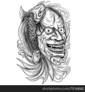Tattoo style illustration of a hannya mask with koi fish and cascading water on the side set on isolated white background. . Hannya Mask Koi Fish Cascading Water Tattoo
