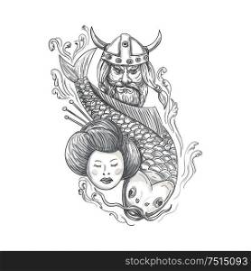 Tattoo style illustration of a head of a norseman viking warrior raider barbarian wearing horned helmet with beard, koi carp fish diving and geisha girl viewed from front set on isolated white background. . Viking Carp Geisha Head Tattoo