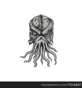 Tattoo style illustration of a head of a subterranean mythical sea monster with octopus-like head whose face has tentacles or feeler viewed from front set on isolated white background. . Subterranean Sea Monster Head Tattoo