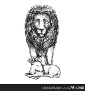 Tattoo style illustration of a lion standing and guarding over sleeping lamb with lotus flower on head.. Lion Guarding Lamb Tattoo