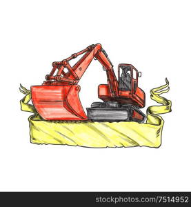 Tattoo style illustration of a mechanical digger excavator earthmover with driver viewed from low angle set on isolated white background with ribbon. . Mechanical Digger Excavator Ribbon Tattoo