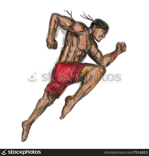 Tattoo style illustration of a muay thai asian Thai boxing fighter jumping about to kick viewed from side on isolated background.. Muay Thai Boxing Fighter Tattoo