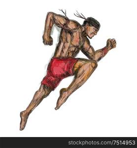 Tattoo style illustration of a muay thai asian Thai boxing fighter jumping about to kick viewed from side on isolated background.. Muay Thai Boxing Fighter Tattoo