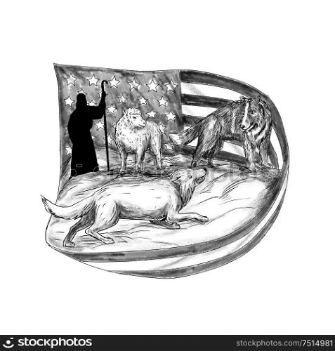 Tattoo style illustration of a sheepdog or herding dog protecting a lamb from a wolf with shepherd in background and USA stars and stripes American flag.. Sheepdog Protect Lamb from Wolf Tattoo