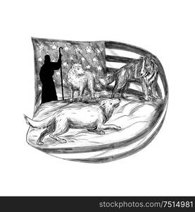 Tattoo style illustration of a sheepdog or herding dog protecting a lamb from a wolf with shepherd in background and USA stars and stripes American flag.. Sheepdog Protect Lamb from Wolf Tattoo