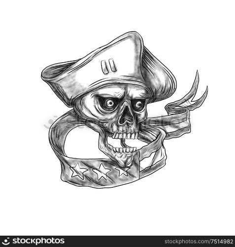 Tattoo style illustration of a skull patriot wearing hat viewed from front with USA stars and stripes ribbon flag set on isolated white background. . Skull Patriot USA Flag Ribbon Tattoo