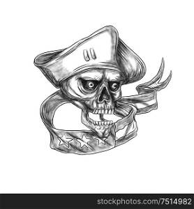 Tattoo style illustration of a skull patriot wearing hat viewed from front with USA stars and stripes ribbon flag set on isolated white background. . Skull Patriot USA Flag Ribbon Tattoo