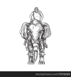 Tattoo style illustration of a war elephant with mahout rider riding viewed from front set on isolated white background. . War Elephant Mahout Rider Tattoo