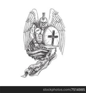 Tattoo style illustration of a wounded spartan warrior angel wearing helmet holding sword and shield draped with rosary viewed from front set on isolated white background.. Spartan Warrior Angel Shield Rosary Tattoo