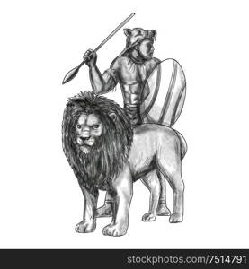 Tattoo style illustration of an african warrior holding spear and shield looking to the side with lion in front of him facing front set on isolated white background. . African Warrior Spear Lion Tattoo