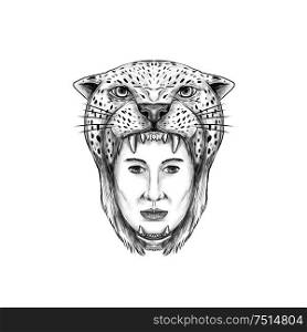 Tattoo style illustration of an Amazon warrior wearing a jaguar headdress viewed from front.. Amazon Warrior Jaguar Headdress Tattoo