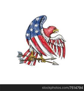 Tattoo style illustration of an American Bald Eagle with USA stars and stripes flag on body and wing clutching arrow on isolated background.. American Eagle Stars and Stripes Flag Tattoo