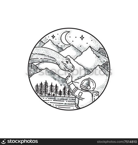 Tattoo style illustration of an astronaut pointing to a brontosaurus with mountain, moon and stars in the background set inside circle. . Brontosaurus Astronaut Mountain Circle Tattoo