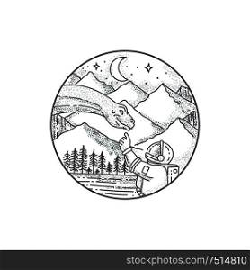Tattoo style illustration of an astronaut pointing to a brontosaurus with mountain, moon and stars in the background set inside circle. . Brontosaurus Astronaut Mountain Circle Tattoo