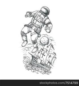 Tattoo style illustration of an astronaut tethered to a caravel, galleon sailing ship on high sea with moon in background.. Astronaut Tethered to Caravel Tattoo