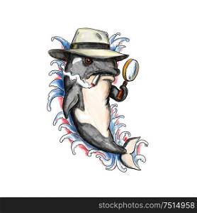 Tattoo style illustration of an Orca Killer Whale with fedora hat, cigarette and holding a magnifying glass to look like a 1950s detective and with waves in background.. Orca Killer Whale Detective Tattoo