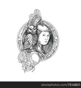 Tattoo style illustration of Athena or Athene, the goddess of wisdom, craft, and war in ancient Greek religion and mythology with owl perched on shoulder set inside circle with electronic circuit board set on isolated white background. . Athena with Owl on Shoulder Electronic Circuit Circle Tattoo