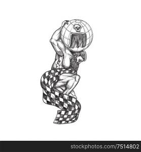 Tattoo style illustration of Atlas kneeling on one knee lifting globe with skull on his back draped with checkered racing flag set on isolated white background viewed from the side. . Atlas Lifting Globe Racing Flag Tattoo