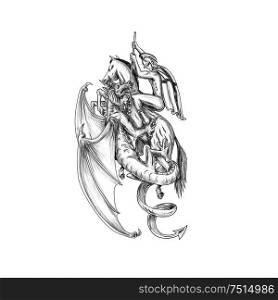 Tattoo style illustration of St. George riding horse fighting slaying mythical dragon with spear on isolated background.. St George Slaying Dragon Tattoo